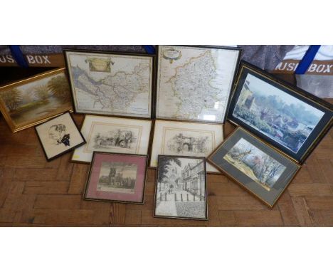 Two maps, Chester & Staffordshire (Robert Morden), print of Nantwich Church, charcoal, "St. Mary's Church Walk, Nantwich", tw
