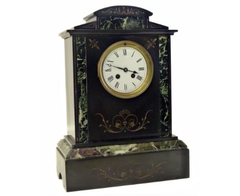 Victorian black and veined marble 8-day mantel clock complete with pendulum and key. Unfortunately we are not doing condition