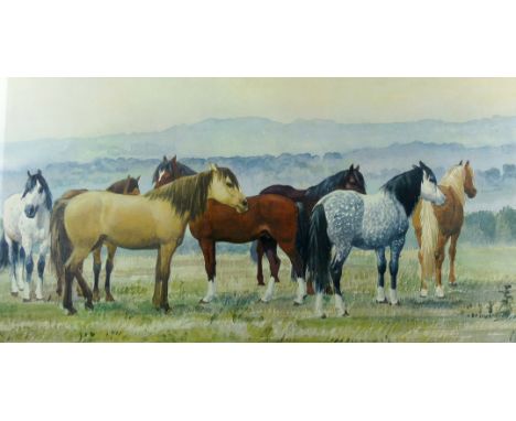 CHARLES FREDERICK TUNNICLIFFE coloured print - group of eight ponies, 13 x 27 ins (33 x 69 cms)
