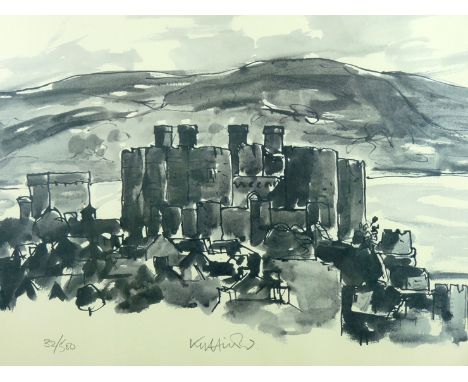 SIR KYFFIN WILLIAMS RA limited edition (32/500) print - colourwash scene of Conwy Castle, signed in full, 15.25 x 23 ins (39 