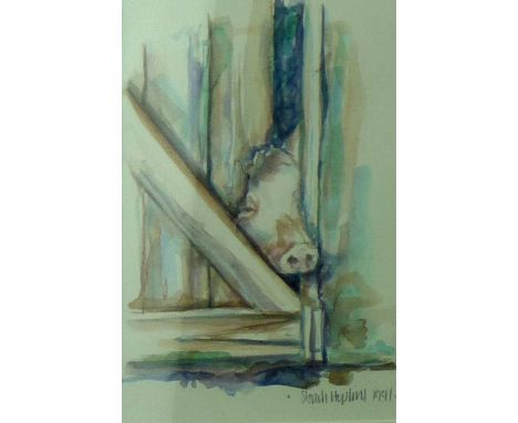 SARAH HOPKINS watercolours, three - all signed and dated 1991 - 1. a gentleman with a stick, 8.5 x 4.25 ins (21 x 11 cms) 2. 