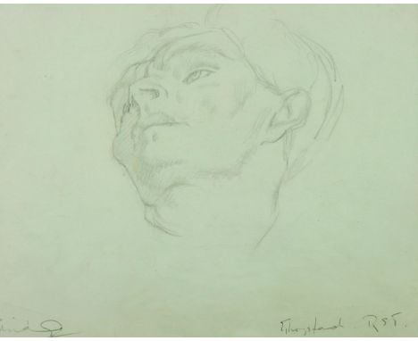 MILDRED ELSIE ELDRIDGE pencil study - head portrait of the poet and preacher R S Thomas looking upwards, signed, 8 x 9.5 ins 