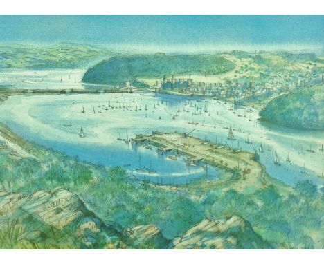 R SCARFF coloured print - panoramic view of the old Deganwy Harbour, Conwy Town and beyond from the Vardre, signed, 11.25 x 1