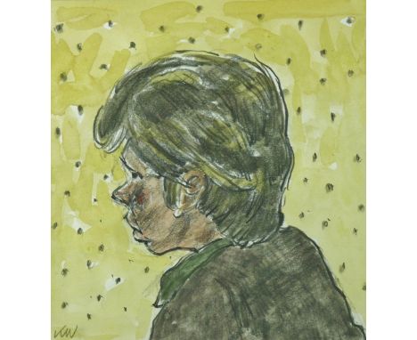 SIR KYFFIN WILLIAMS RA watercolour and pencil - head and shoulders portrait of a young boy with a background of yellow wallpa