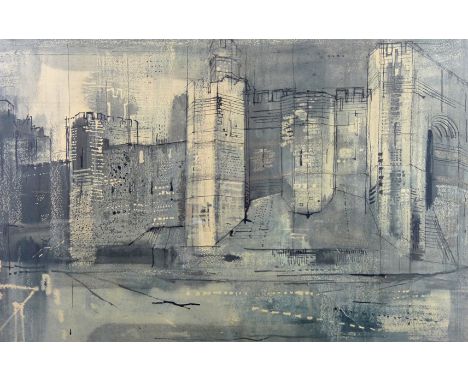 JOHN PIPER coloured print - Quayside walls and Tower of Caernarfon Castle, printed signature, 13 x 20 ins (33 x 51 cms)