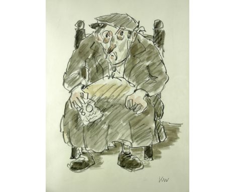SIR KYFFIN WILLIAMS RA watercolour and pencil - a fine contemplative self-portrait of the artist seated on his 80th Birthday,