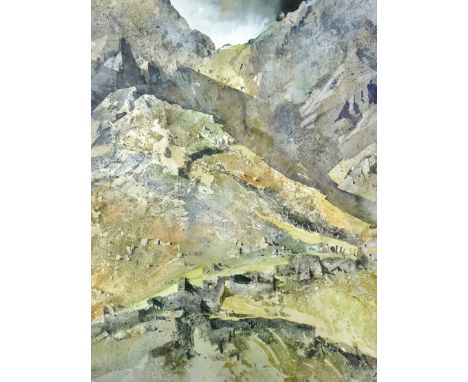 MALCOLM EDWARDS mixed media - landscape, Llanberis Pass, signed, 20 x 13.25 ins (51 x 33 cms), (Provenance: purchased at the 
