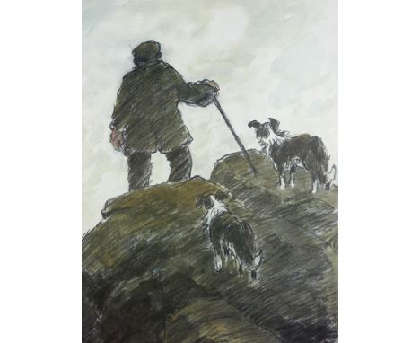 SIR KYFFIN WILLIAMS RA artist’s proof coloured print - farmer with two sheepdogs on a mountain top, signed in full, 22.5 x 16