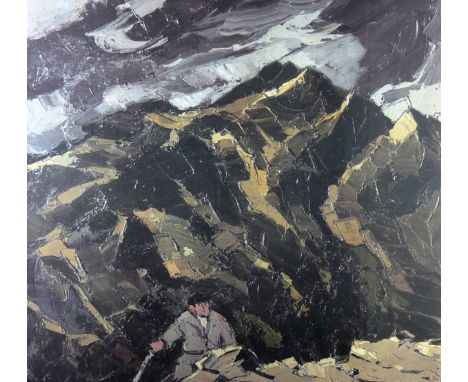 SIR KYFFIN WILLIAMS RA coloured limited edition (195/250) print - mountain scene with farmer and stick, signed in full, 23 x 