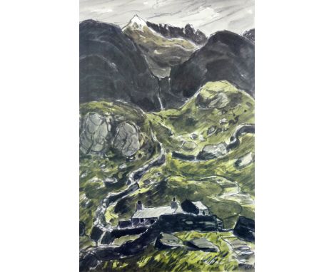 SIR KYFFIN WILLIAMS RA coloured limited edition (24/75) print - Nant Peris with cottages, signed in full, 15.25 x 23 ins (39 