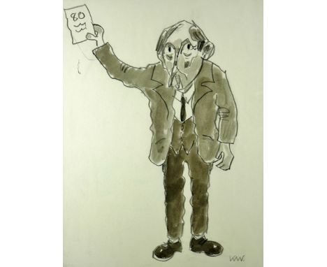 SIR KYFFIN WILLIAMS RA pencil and watercolour - a self portrait on his 80th Birthday, 1998, in standing pose holding aloft a 