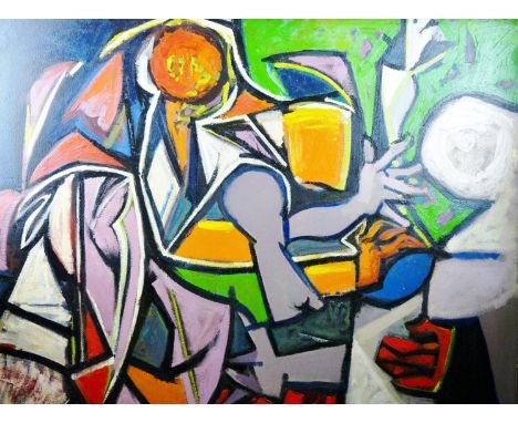 ELVET THOMAS oil on canvas - abstract scene, figure and vessels, signed, 47.5 x 60 ins (121 x 152 cms)