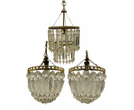 Mid 20th century cut glass centre light fitting and a pair of brass and glass light fittings (3)
