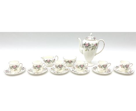 Wedgwood Hathaway Rose pattern coffee set for six, comprising coffee pot, cream jug, open sucrier, six coffee cans and six sa