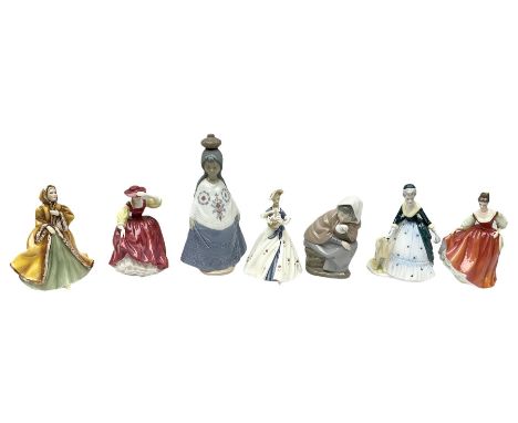 Royal Doulton figures, Fair Lady HN2832, Buttercup HN2399, Rachel HN2919, together with Royal Worcester Summer Day, Coalport 