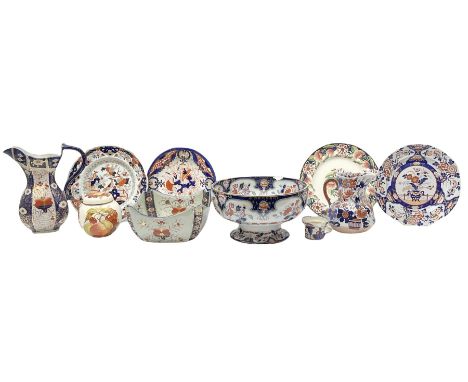 Masons Ironstone jug, plate and ginger jar together with other ironstone pottery, including a large footed bowl, jug and basi