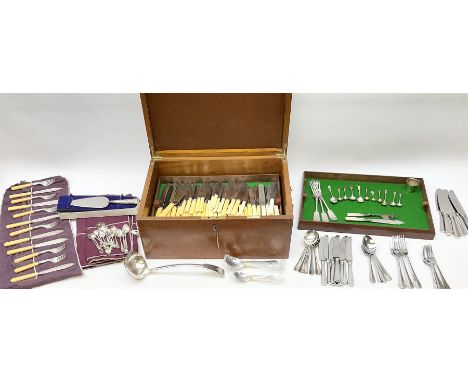 Oak canteen box, with inset plaque to the interior for Walker &amp; Hall Sheffield, containing assorted flatware, mostly silv