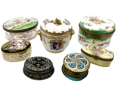 20th century enamel box, of oval form, the hinged cover decorated with two figures sword fighting in a riverside landscape, w