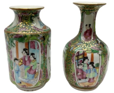 Two late 19th/early 20th century Chinese famille rose vases, the first example of cylindrical form with waisted neck, the sec