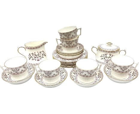 Royal Crown Derby Brittany pattern tea wares, comprising six teacups, seven saucers, six side plates, twin handled sucrier, a