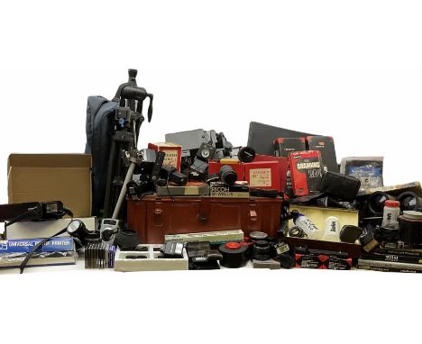 Camera lenses, flash guns and accessories, to include Tamron Adaptall 2,  tripods, a large metal trunk, together with photo d