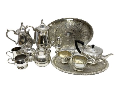 Silver plated tea set by H Fisher &amp; Co of Sheffield comprising tea pot, open sucrier and milk jug, Viners of Sheffield 'C