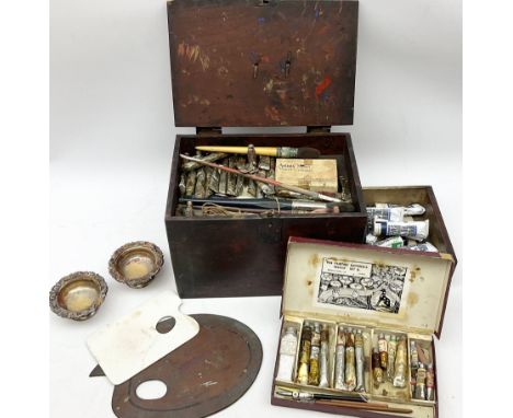 Early 20th century artist's materials box, probably Chinese, the hinged lid over two side drawers, containing various tubes o