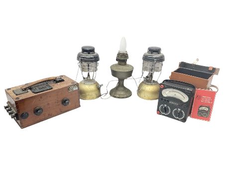Megger Evershed's Testing Set in mahogany case, Avometer, model 8 Mk 5, in leather carry case, together with a pair of oil la