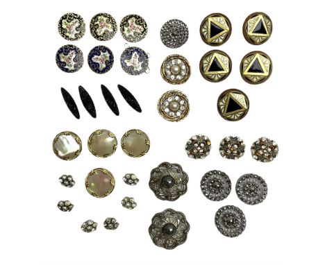 Antique buttons including set of three A.P. &amp; Cie (Albert Parent and Company) Paris brass and enamel buttons with painted