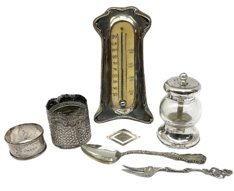 Group of silver, comprising silver mounted Art Nouveau desk thermometer, hallmarked J &amp; R Griffin (Joseph &amp; Richard G