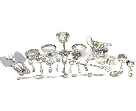 Edwardian silver sugar nips, hallmarked Josiah Williams &amp; Co, London 1905, three silver napkin rings with various engrave