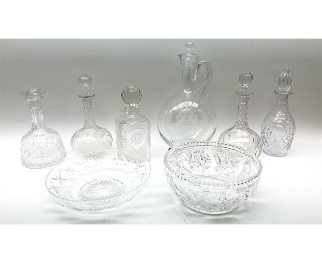 Large modern clear glass decanter or claret jug, of bulbous form with curved handle to the tapering neck, stopper with ball f