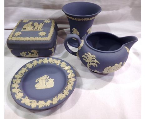 Four pieces of Wedgwood powder blue Jasperware, largest H: 80 mm. P&amp;P Group 3 (£25+VAT for the first lot and £5+VAT for s