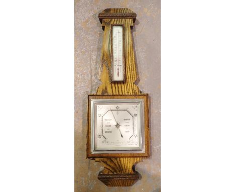 Oak cased aneroid barometer, British made, H: 70 cm. Not available for in-house P&amp;P 