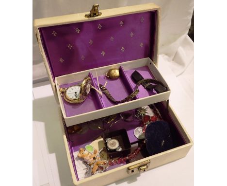 Two tier jewellery box with mixed costume jewellery/watch contents. P&amp;P Group 1 (£14+VAT for the first lot and £1+VAT for