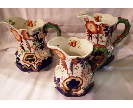 Three Allerton Gaudy Welsh serpent handled jugs, chip to one, heavy crazing throughout, largest H: 15 cm. P&amp;P Group 3 (£2