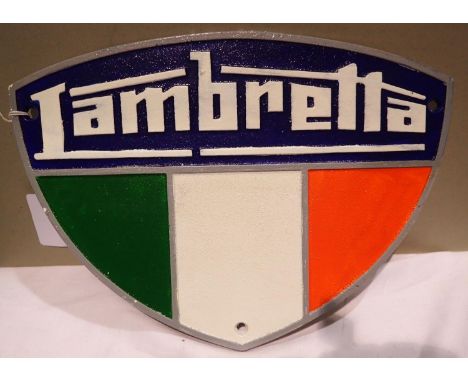 Cast iron Lambretta plaque, W: 35 cm. P&amp;P Group 1 (£14+VAT for the first lot and £1+VAT for subsequent lots) 