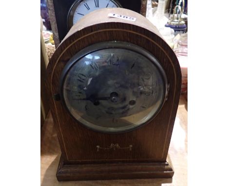 Inlaid oak cased mantle clock, H: 30 cm. not working at lotting. Not available for in-house P&amp;P 