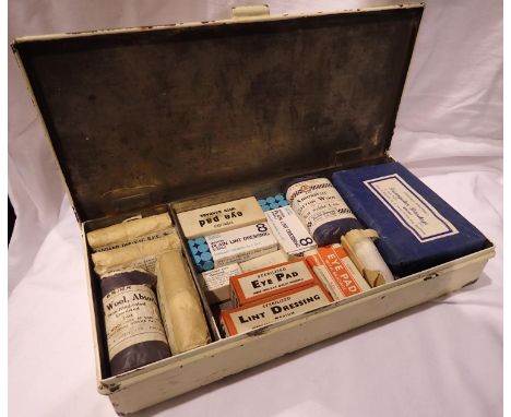 Vintage metal First Aid box, with contents. P&amp;P Group 2 (£18+VAT for the first lot and £3+VAT for subsequent lots) 