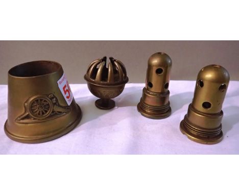 Four brass items including trench art, largest H: 60 mm. P&amp;P Group 2 (£18+VAT for the first lot and £3+VAT for subsequent
