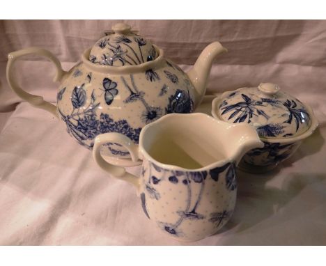 Portmeirion Botanic blue teapot, cream and sugar, largest H: 15 cm. P&amp;P Group 3 (£25+VAT for the first lot and £5+VAT for