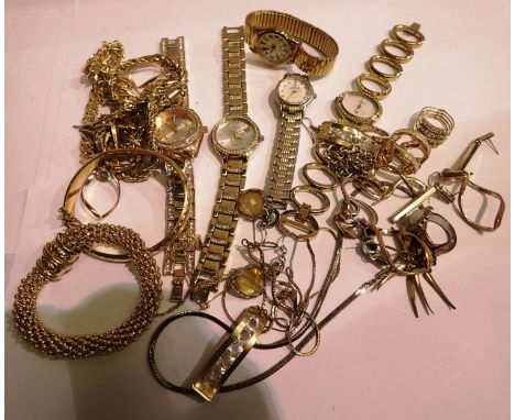 Mixed yellow metal jewellery and wristwatches. P&amp;P Group 1 (£14+VAT for the first lot and £1+VAT for subsequent lots) 