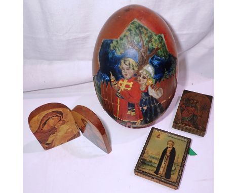 Painted Russian egg, H: 16 cm and three small Russian icons. P&amp;P Group 2 (£18+VAT for the first lot and £3+VAT for subseq