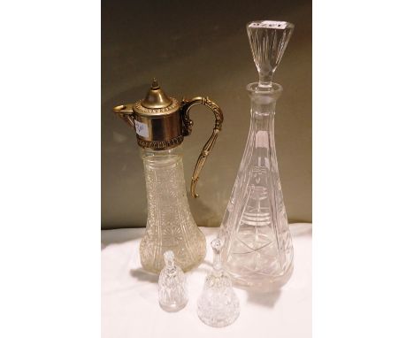 Cut crystal glass decanter, a pressed glass claret jug and two crystal bells, largest H: 30 cm. Not available for in-house P&