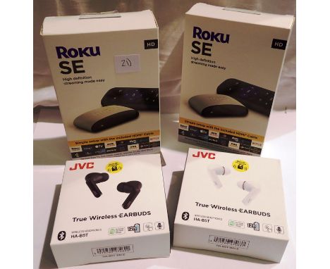 Two Roku SE HD, high definition streaming made easy consoles, new and boxed and two pairs of JVC true wireless earbuds new an
