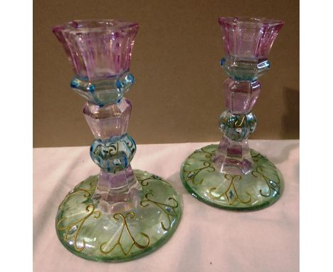 Pair of coloured glass candlesticks, H: 10 cm. P&amp;P Group 3 (£25+VAT for the first lot and £5+VAT for subsequent lots) 