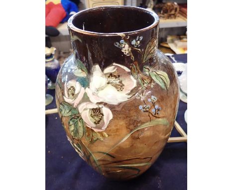 Large hand painted floral vase signed W.E Dunn, slight crack to rim, H: 33 cm. P&amp;P Group 3 (£25+VAT for the first lot and