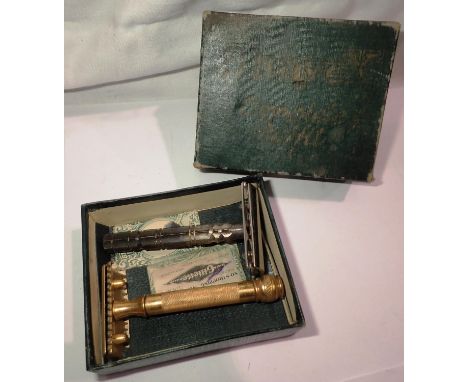 Shave X safety razor and a gold plated Gillette safety razor, with three Gillette blades. P&amp;P Group 1 (£14+VAT for the fi