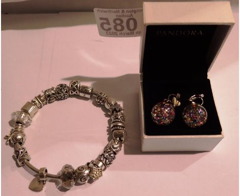 Pair of boxed Pandora earrings and a Pandora style bangle, with 925 silver charms. P&amp;P Group 1 (£14+VAT for the first lot