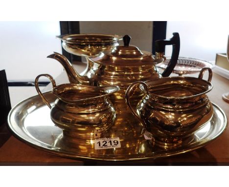 Three piece silver plated tea set with tray and further silver plate. P&amp;P Group 2 (£18+VAT for the first lot and £3+VAT f